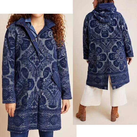 ANTHROPOLOGIE COAT BLUE CHENILLE TAPESTRY PARKA LONG JACKET BOHO OVERSIZED FALL - Picture 2 of 16